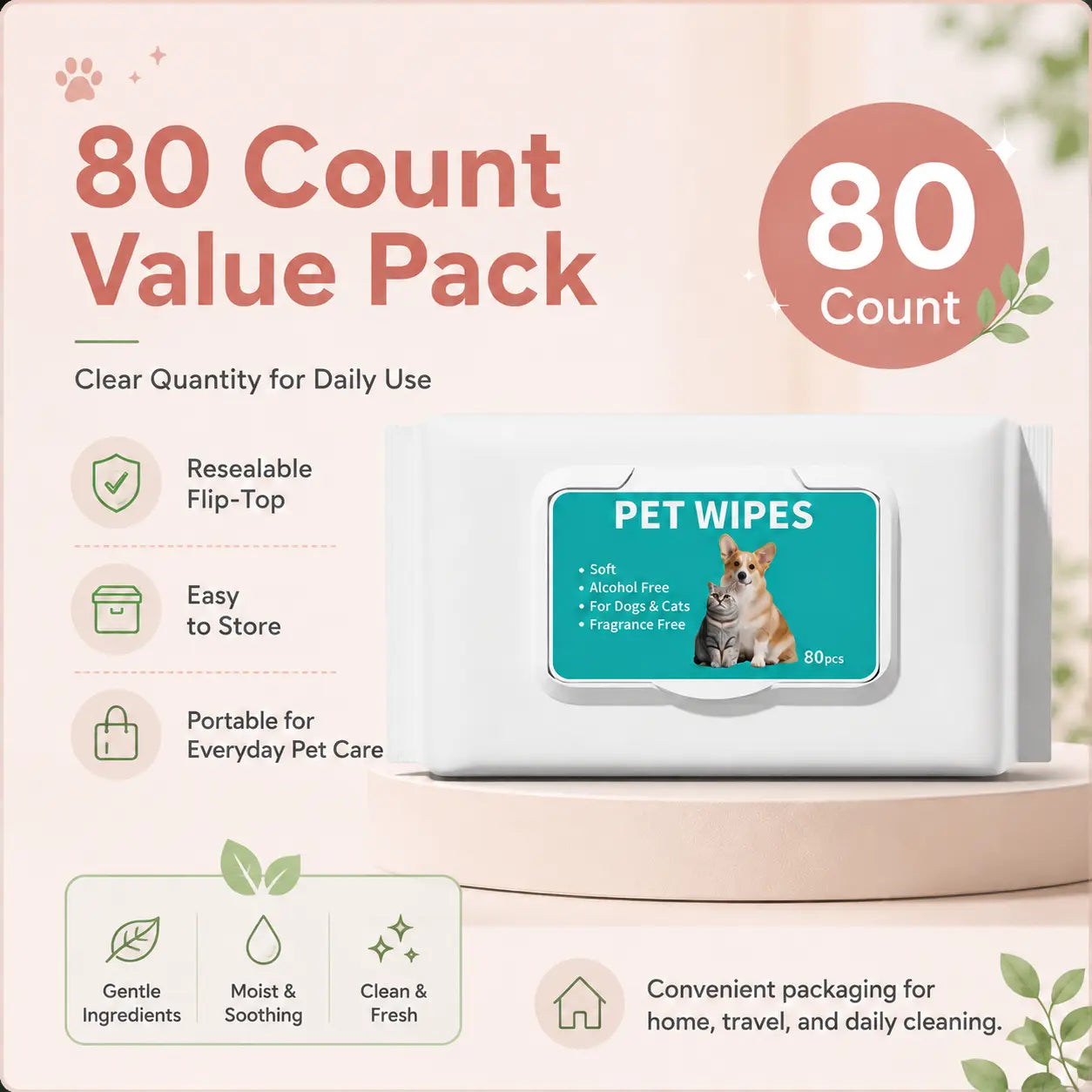 80 Count Pet Grooming Wipes for Dogs & Cats, Fragrance-Free Deodorizing Wipes, No-Rinse Bath Wipes for Paws, Fur, Body & Daily Care Outdoorfun