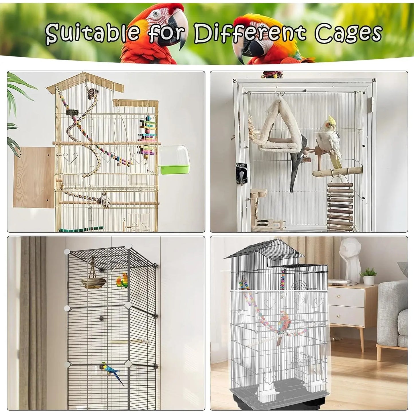 Universal Bird Cage Seed Catcher - Stretchy, Lightweight Mesh Skirt for Parrot Cages, Stops Scatter, Breathable Fabric, Adjustable & , White