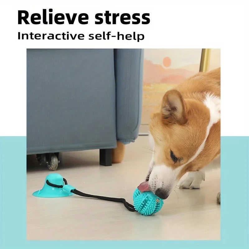 Interactive Suction Cup Dog Toy with Sound and Treat Dispensing - Durable Rubber Ball for Training and Tug-Of-War Fun