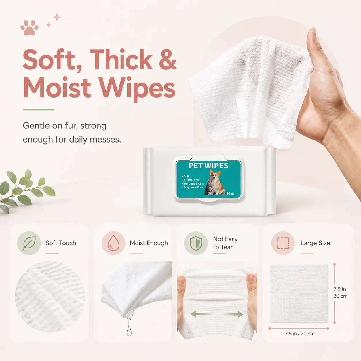 80 Count Pet Grooming Wipes for Dogs & Cats, Fragrance-Free Deodorizing Wipes, No-Rinse Bath Wipes for Paws, Fur, Body & Daily Care Outdoorfun