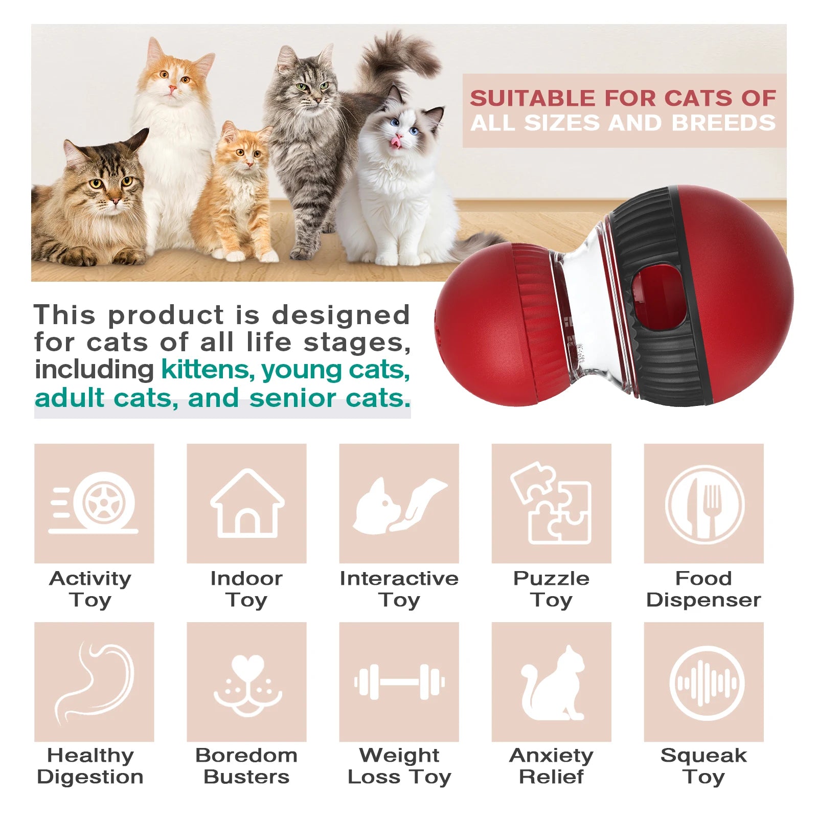 Interactive Cat Treat Dispenser Toy, Squeaky Puzzle Feeder for Slow Feeding & Anxiety Relief, Food-Grade ABS