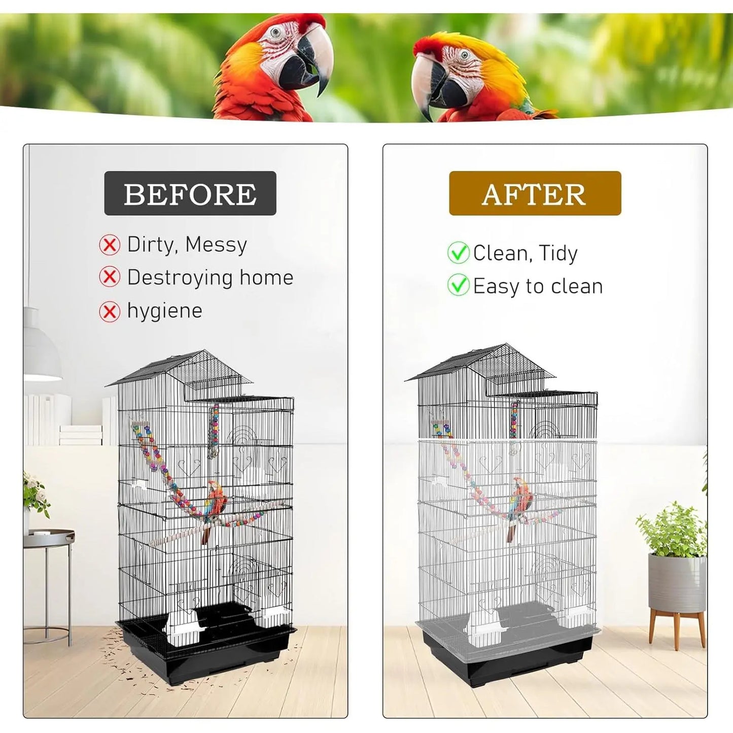 Universal Bird Cage Seed Catcher - Stretchy, Lightweight Mesh Skirt for Parrot Cages, Stops Scatter, Breathable Fabric, Adjustable & , White