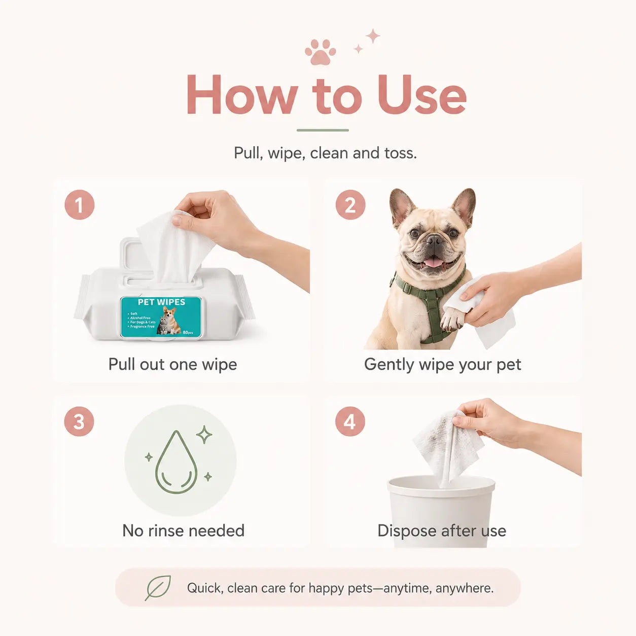 80 Count Pet Grooming Wipes for Dogs & Cats, Fragrance-Free Deodorizing Wipes, No-Rinse Bath Wipes for Paws, Fur, Body & Daily Care Outdoorfun