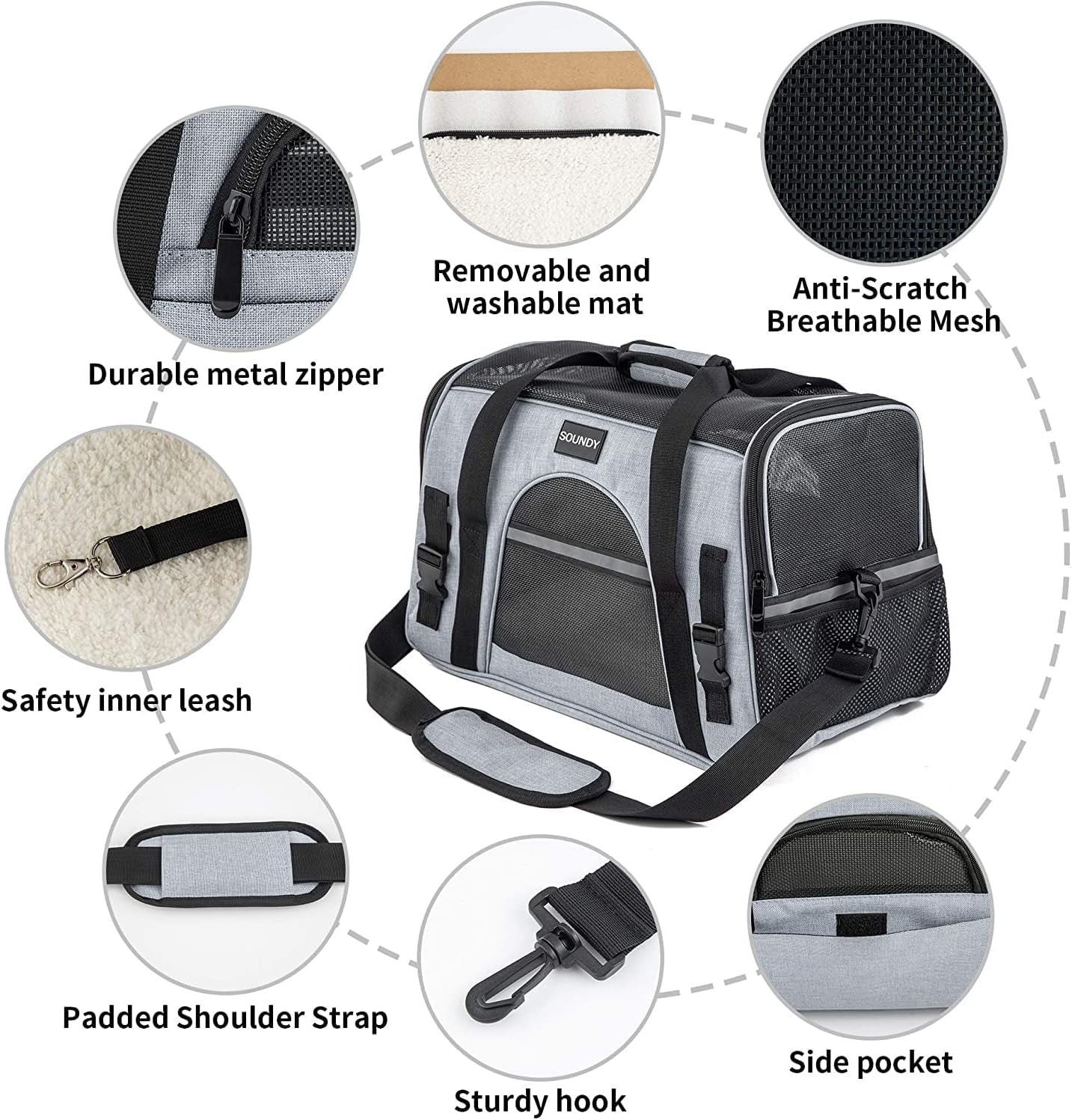 Pet Carrier for Cat and Dog, Portable Folding Pet Carrier Airline Approved, Suitable for Small Dogs, Puppies, and Medium-Sized Cats (Grey with Bowl)