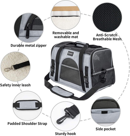 Pet Carrier for Cat and Dog, Portable Folding Pet Carrier Airline Approved, Suitable for Small Dogs, Puppies, and Medium-Sized Cats (Grey with Bowl)