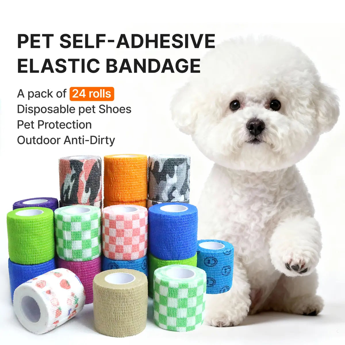 Disposable Dog Shoes, 24 Rolls! More Rolls, Better Price. Super Strong Adhesive, Waterproof & Stain-Resistant, Highly Elastic and Comfortable, Convenient and Hygienic. Universal Design for Indoor & Outdoor Use. for Dogs & Cats under 20 Lbs