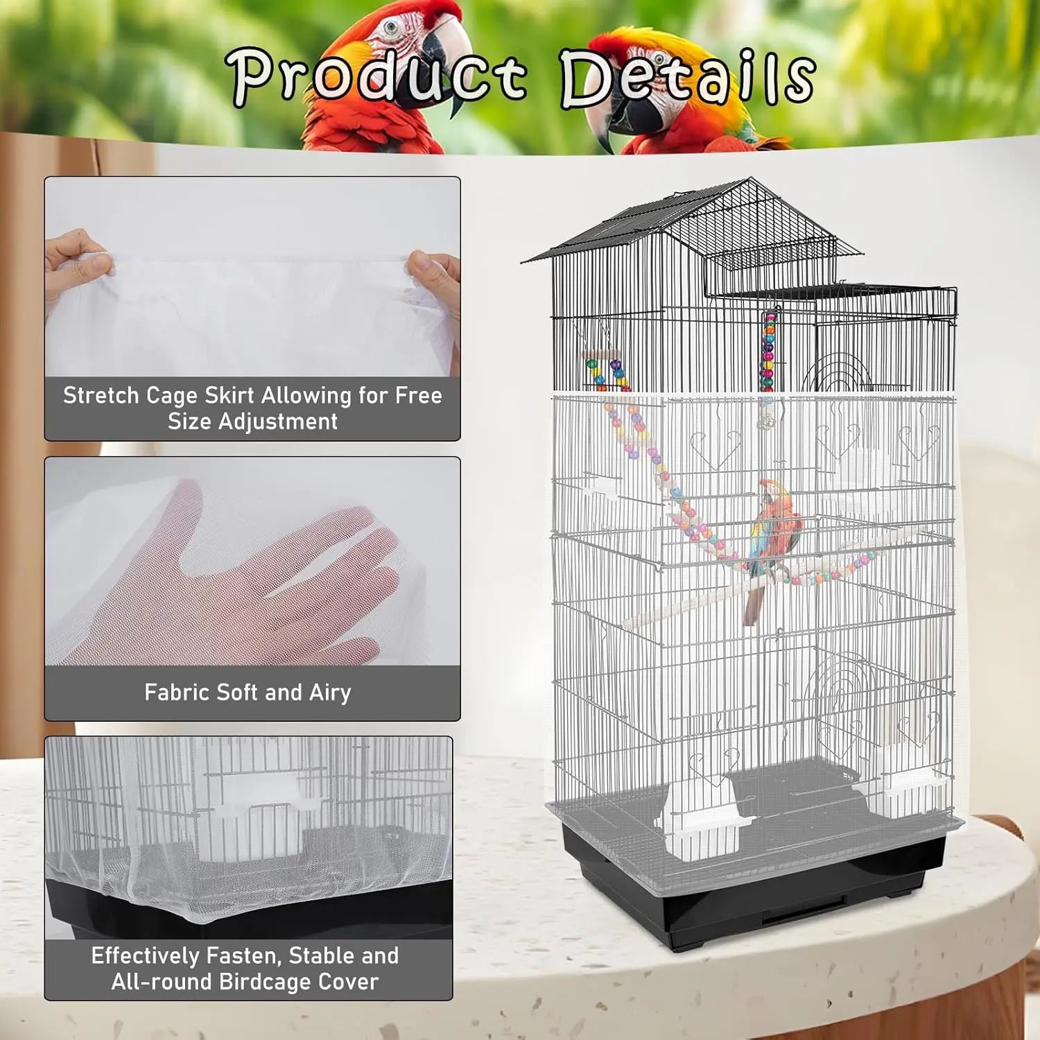 Universal Bird Cage Seed Catcher - Stretchy, Lightweight Mesh Skirt for Parrot Cages, Stops Scatter, Breathable Fabric, Adjustable & , White