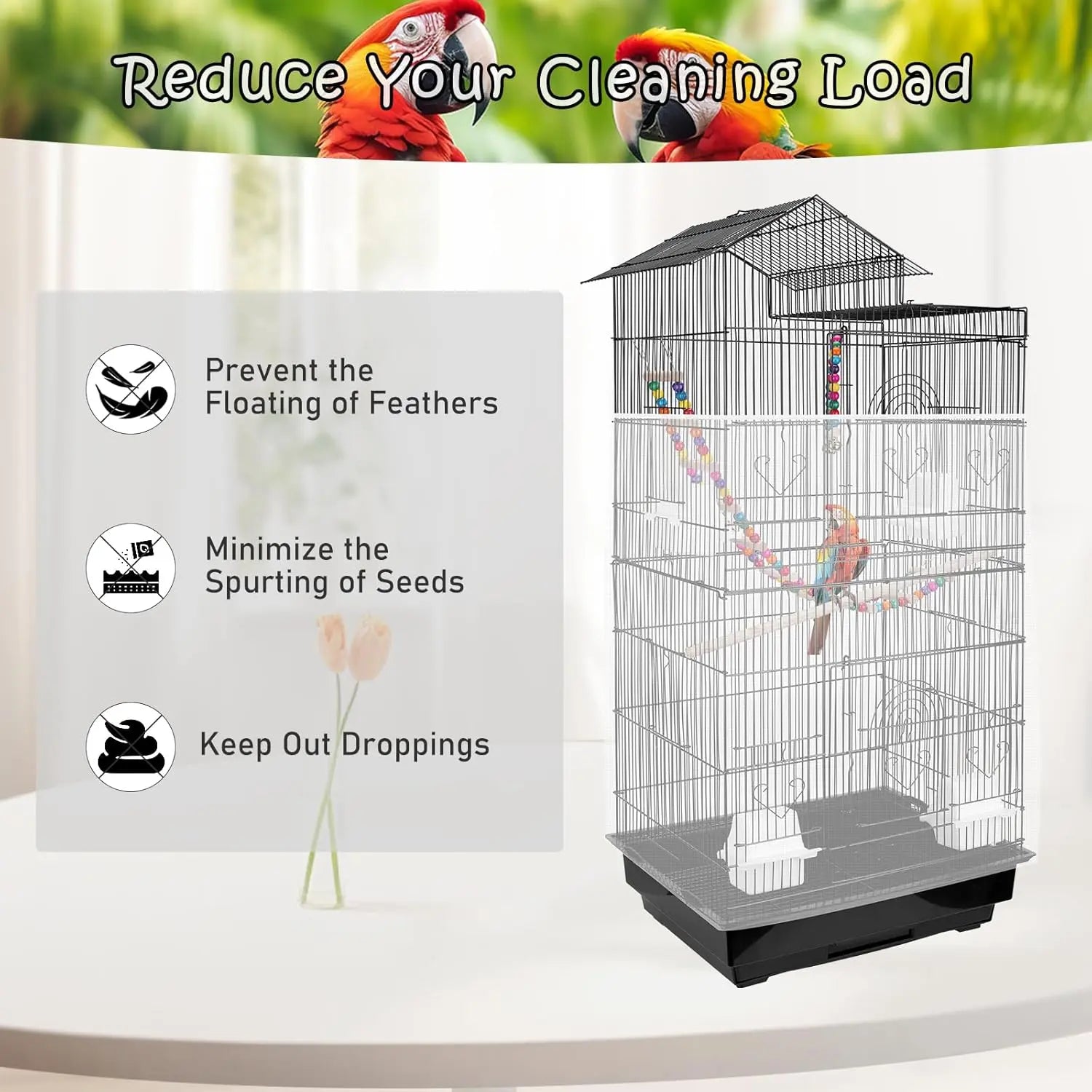 Universal Bird Cage Seed Catcher - Stretchy, Lightweight Mesh Skirt for Parrot Cages, Stops Scatter, Breathable Fabric, Adjustable & , White