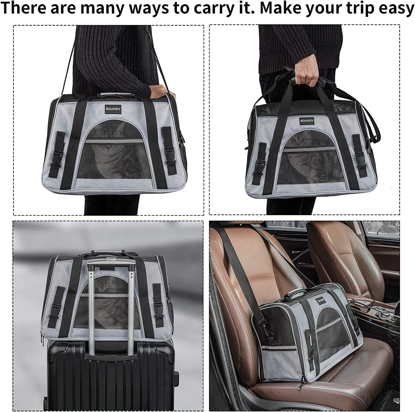 Pet Carrier for Cat and Dog, Portable Folding Pet Carrier Airline Approved, Suitable for Small Dogs, Puppies, and Medium-Sized Cats (Grey with Bowl)