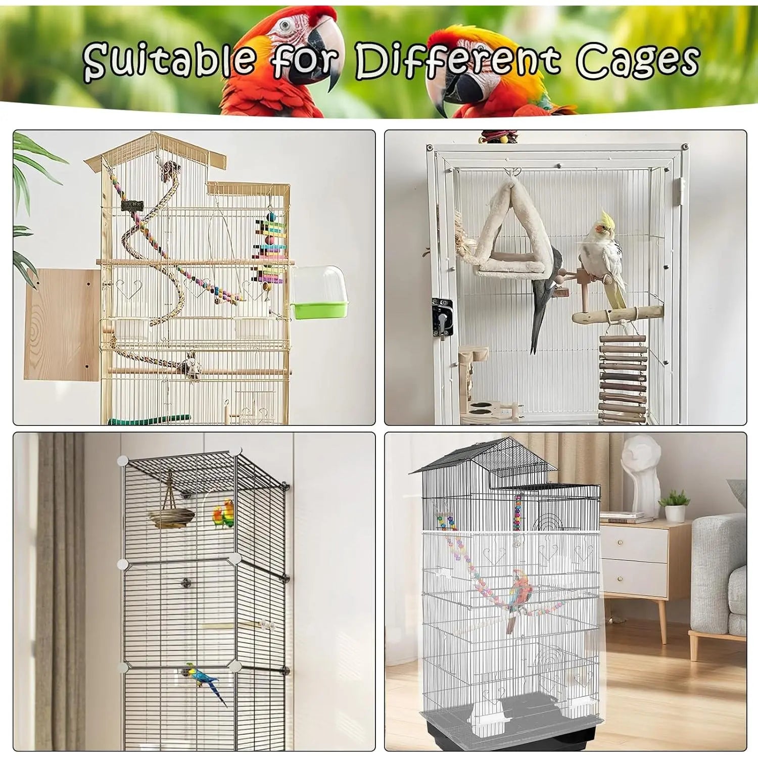 Universal Bird Cage Seed Catcher - Stretchy, Lightweight Mesh Skirt for Parrot Cages, Stops Scatter, Breathable Fabric, Adjustable & , White