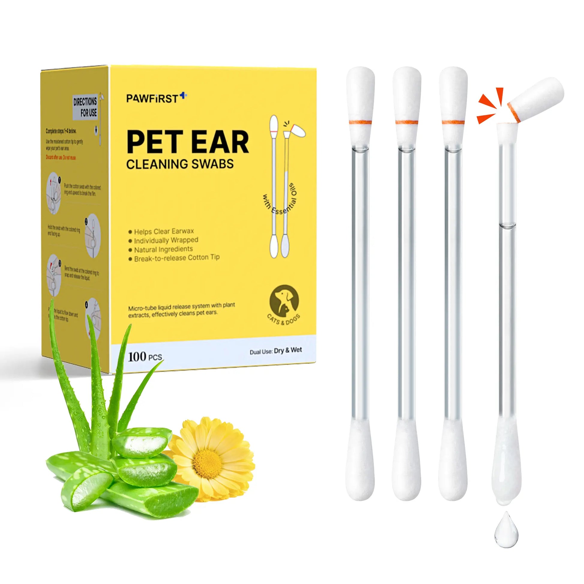 Pawfirst Pet Ear Cleaning Cotton Swabs 100 Pack, Individually Wrapped Break-To-Release Ear Swabs, Earwax & Odor Remover for Dogs & Cats, Aloe, Witch Hazel & Chamomile Formula